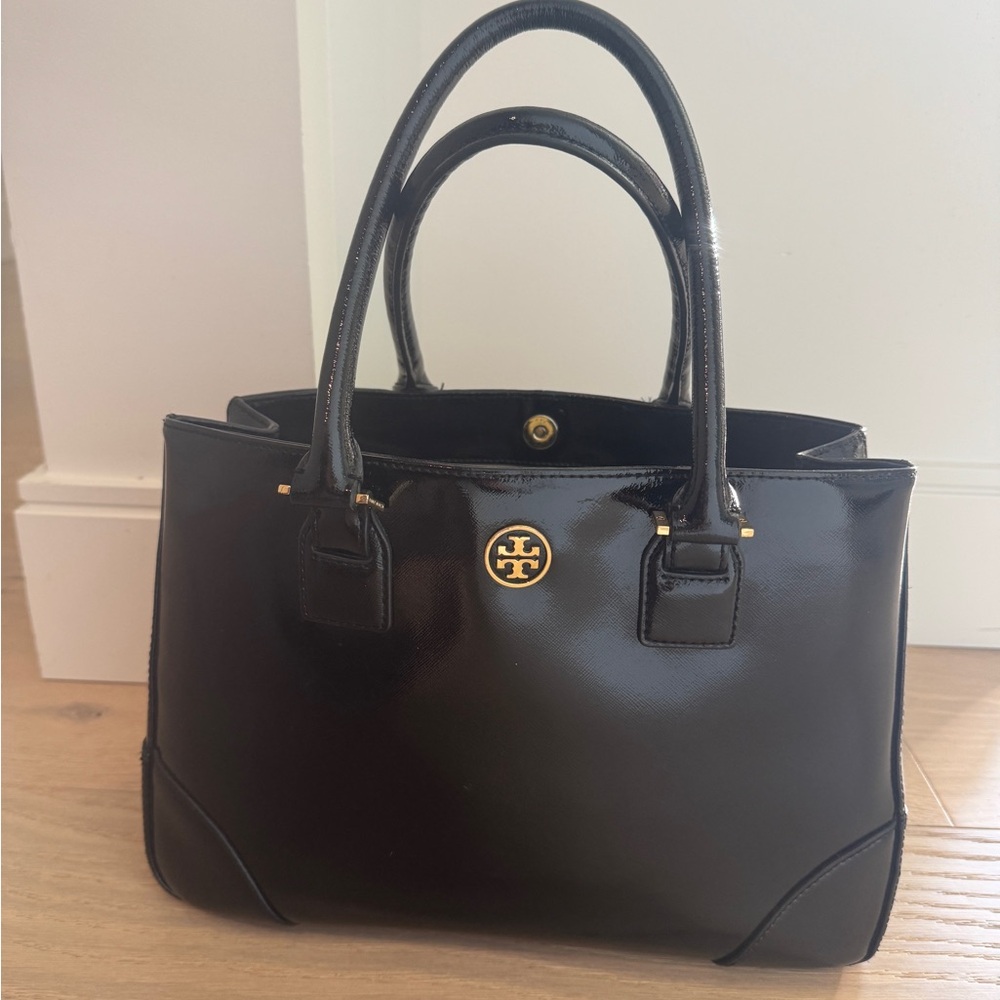 Tory Burch Black Patent Leather Satchel with Gold Logo